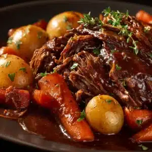 A close-up view of shredded beef from a tender pot roast, showcasing the juicy texture of the meat and the rich, dark color of the gravy.