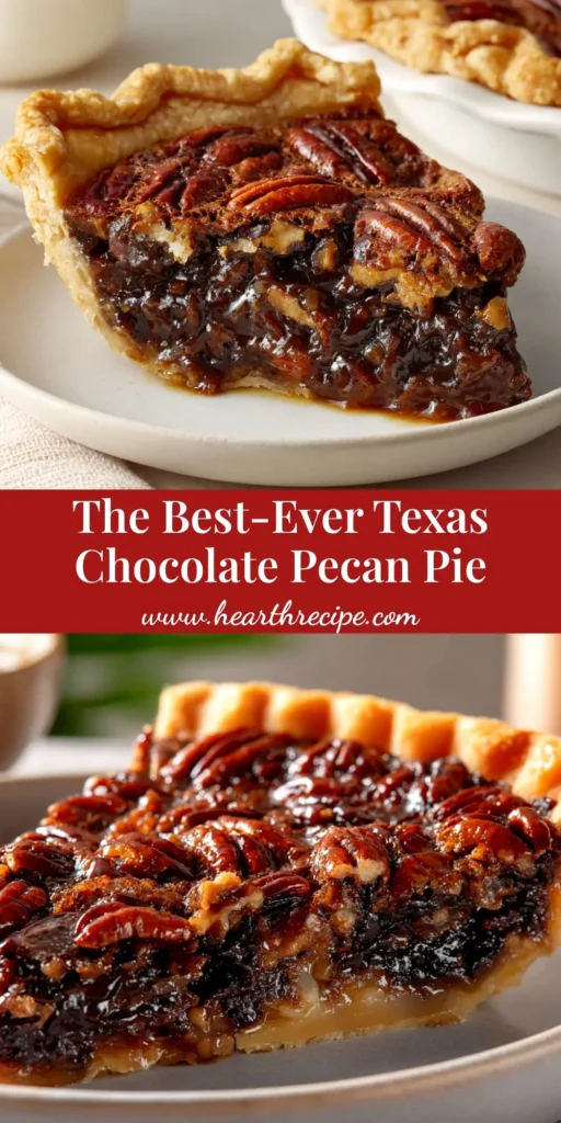 A beautiful slice of Texas Chocolate Pecan Pie on a white plate, showcasing the gooey chocolate filling and crisp pecan topping.