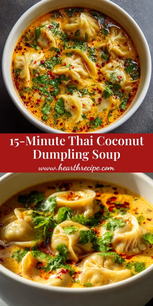 A vibrant bowl of Thai Coconut Curry Dumpling Soup, showing a rich red broth, plump dumplings, and fresh cilantro garnish.