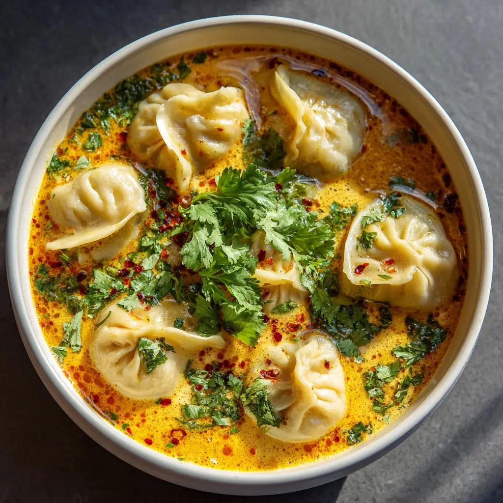 A spoonful of Thai Coconut Curry Dumpling Soup, lifting a perfectly cooked dumpling from the bowl.