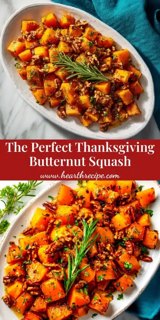 A shareable pin image for the best Thanksgiving Butternut Squash recipe, showing roasted squash with maple and herbs.