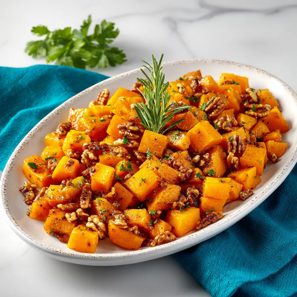 A beautiful serving bowl filled with maple-glazed Thanksgiving butternut squash, ready to be served.