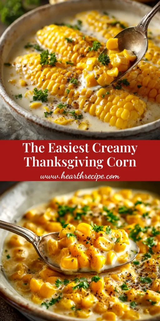 A pin-style image for the best Thanksgiving corn recipe, a creamy corn bake in a white dish with text overlay reading 'Ultimate Thanksgiving Corn'.