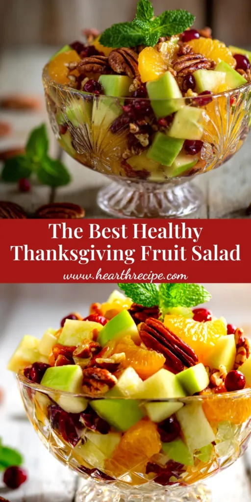 Thanksgiving Fruit Salad with Creamy Maple-Cinnamon Dressing 3 A large bowl of Thanksgiving fruit salad with a creamy dressing. The salad includes red apples, grapes, and pomegranate seeds, perfect for a holiday side dish.