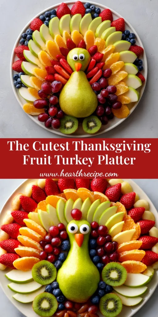 A beautiful Thanksgiving fruit tray arranged on a wooden board. The tray includes autumn fruits like grapes, apples, and oranges, with a bowl of creamy fruit dip in the center. Perfect for a festive holiday appetizer.