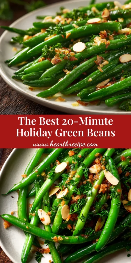 A shareable pin image for the best Thanksgiving Green Beans recipe, showing a serving dish of green beans in a creamy sauce, topped with bacon and crispy shallots.