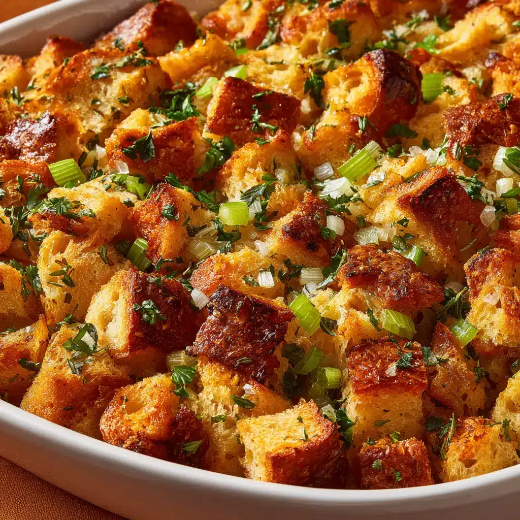 The prepared Thanksgiving stuffing mixture in a baking dish before it goes into the oven, dotted with pieces of butter for a crispy top.