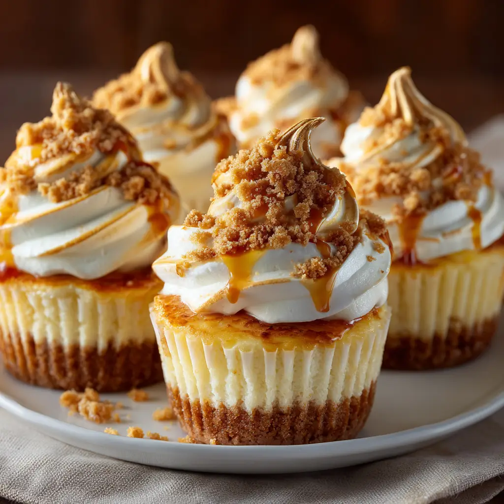 A culinary torch caramelizing the sugar on top of a cheesecake cupcake, creating a bubbling, golden-brown crust. The flame is visible in action.