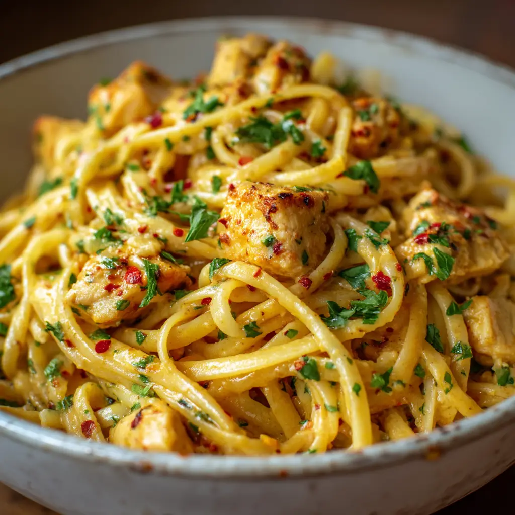 Cowboy Butter Chicken Linguine (The Ultimate 30-Minute Meal) 1 Cooked chicken and linguine being tossed together in the cowboy butter sauce in a large skillet.
