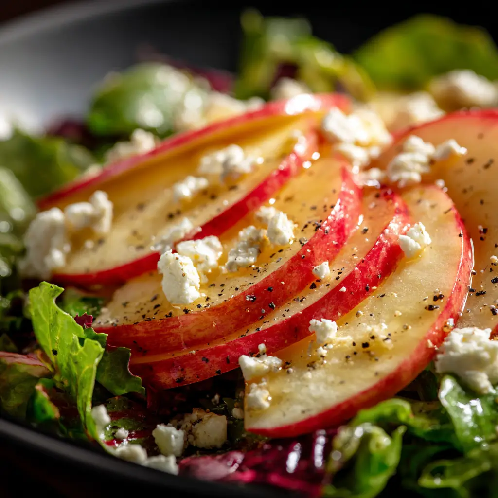 A salad bowl mid-toss, showing the Honeycrisp Apple Salad being mixed with the creamy poppy seed dressing.