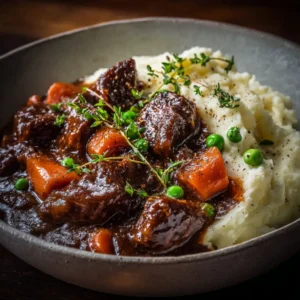 An extreme close-up of traditional lamb stew in a rustic bowl, highlighting the tender pieces of lamb and chunks of carrots and potatoes.