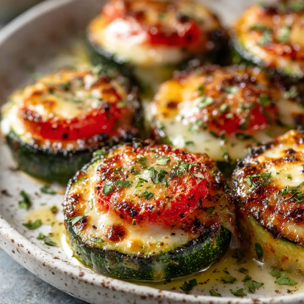 A tray of freshly baked cheesy zucchini bites ready to be served, showing the full batch of the savory vegetarian party food.