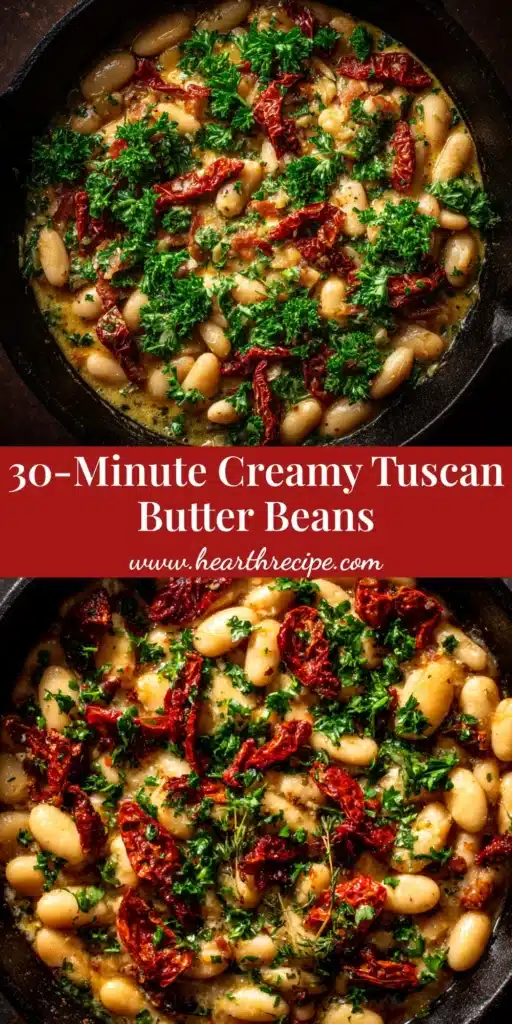 A skillet of creamy Tuscan Butter Beans Recipe with spinach and sun-dried tomatoes, perfect for a quick dinner.
