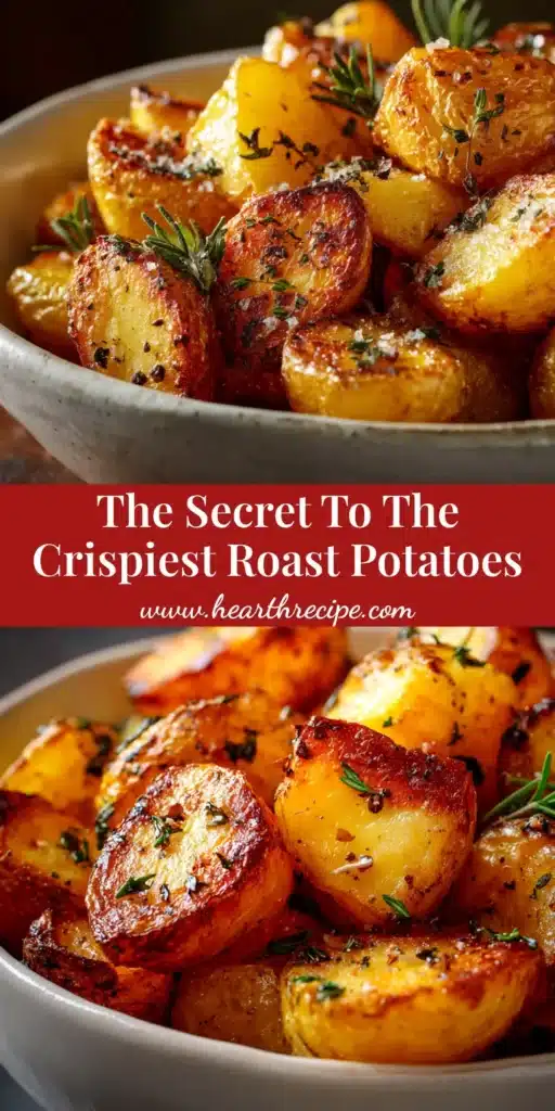 A large bowl filled with perfectly golden and crispy roast potatoes, garnished with fresh herbs. The ultimate recipe for the best crispy roast potatoes.