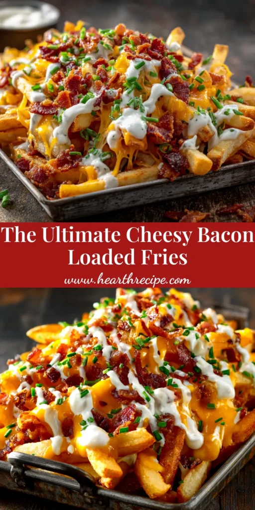 A delicious platter of homemade loaded fries, covered in creamy cheese sauce, crispy bacon, and fresh green onions. The ultimate comfort food recipe.
