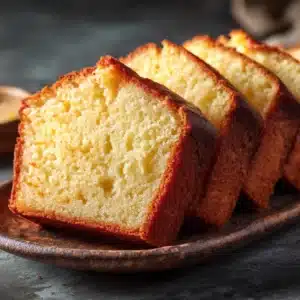 A close-up shot of the vanilla pound cake's texture, highlighting the moist and tender crumb of the classic dessert.