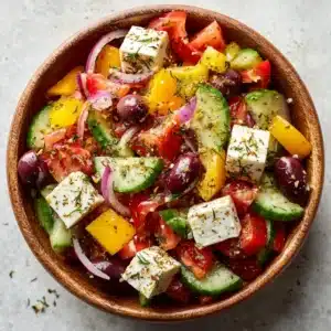 A close-up shot of the plant-based Greek salad ingredients, showcasing the fresh cherry tomatoes, cucumber, and red onion.