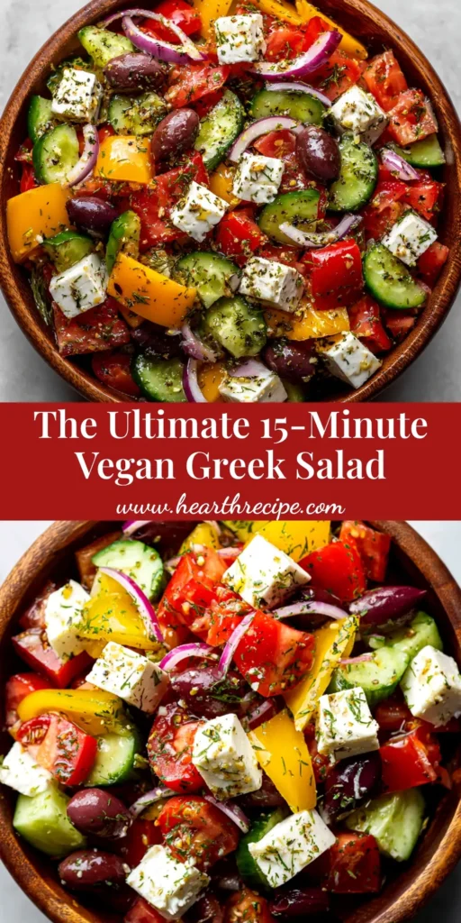 A beautiful overhead shot of a vibrant Vegan Greek Salad in a white bowl, featuring tofu feta, Kalamata olives, tomatoes, and cucumber.
