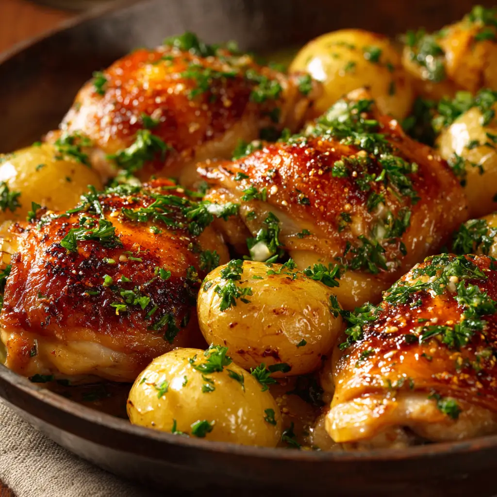 A serving of Crockpot Garlic Parmesan Chicken on a plate, paired with mashed potatoes and steamed green beans.