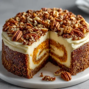 A whole carrot cake cheesecake on a cake stand, decorated with cream cheese frosting and chopped nuts, ready to be sliced and served.