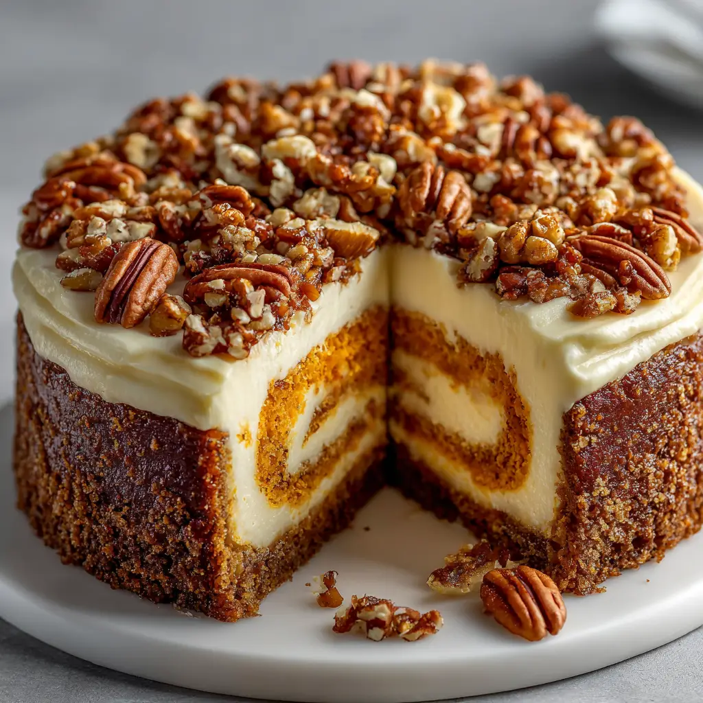 Carrot Cake Cheesecake: The Ultimate Dessert Hybrid 2 A whole carrot cake cheesecake on a cake stand, decorated with cream cheese frosting and chopped nuts, ready to be sliced and served.
