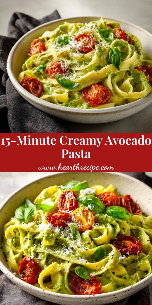 15 Minute Avocado Pasta (Quick & Creamy Recipe) 4 A top-down view of a white bowl filled with creamy 15 minute avocado pasta, garnished with fresh basil and cherry tomatoes. The vibrant green sauce coats every strand of spaghetti.