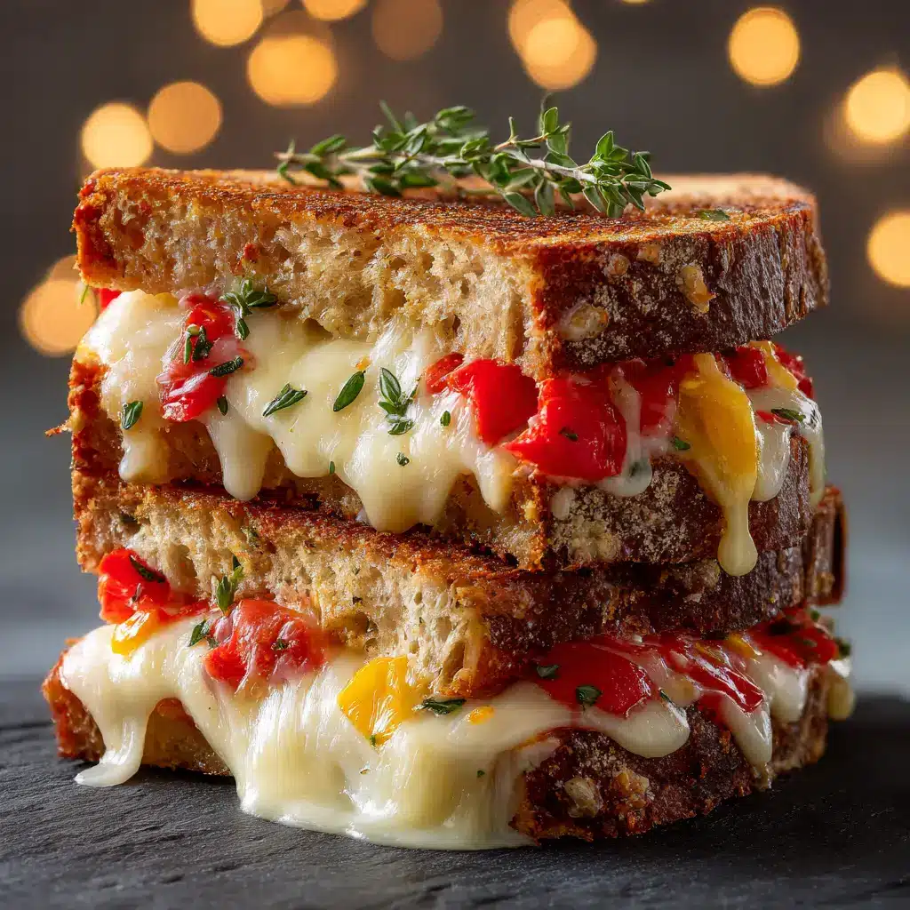 A delicious adult grilled cheese cut diagonally, showing the gooey, melted cheese blend and savory fillings inside the toasted bread.