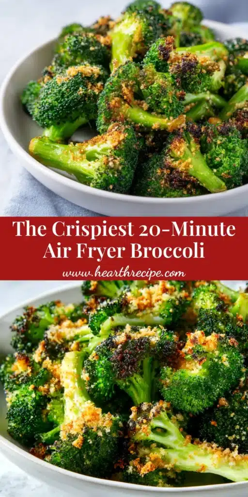 A close-up overhead shot of perfectly crispy air fryer broccoli in a white bowl, ready to be served. The title 'Crispy Air Fryer Broccoli' is overlaid.