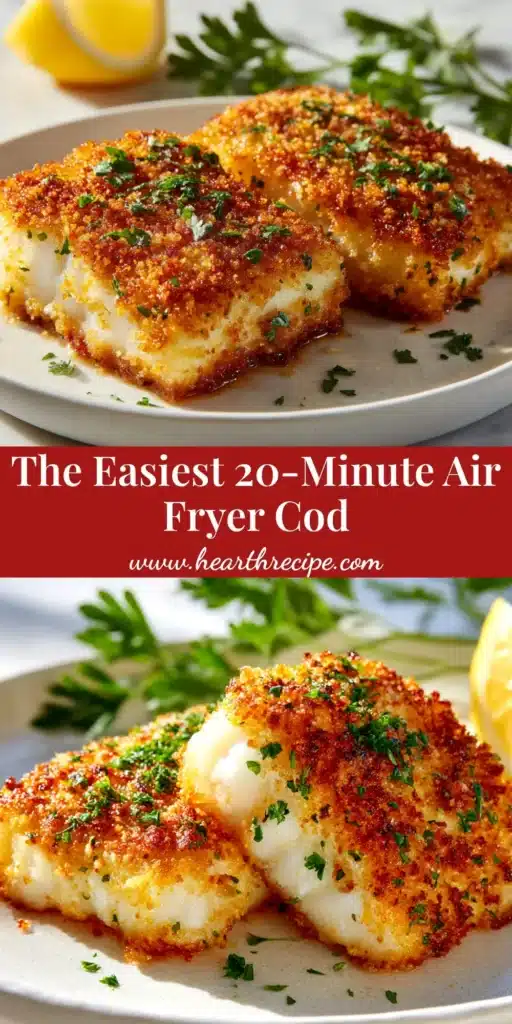 A plate of perfectly cooked Air Fryer Cod, garnished with fresh parsley and a lemon wedge, highlighting its flaky texture. The image showcases a quick and healthy cod recipe.