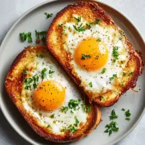 Two slices of air fryer egg toast shown side-by-side on a plate. One slice is cut open to reveal a delicious, runny egg yolk.