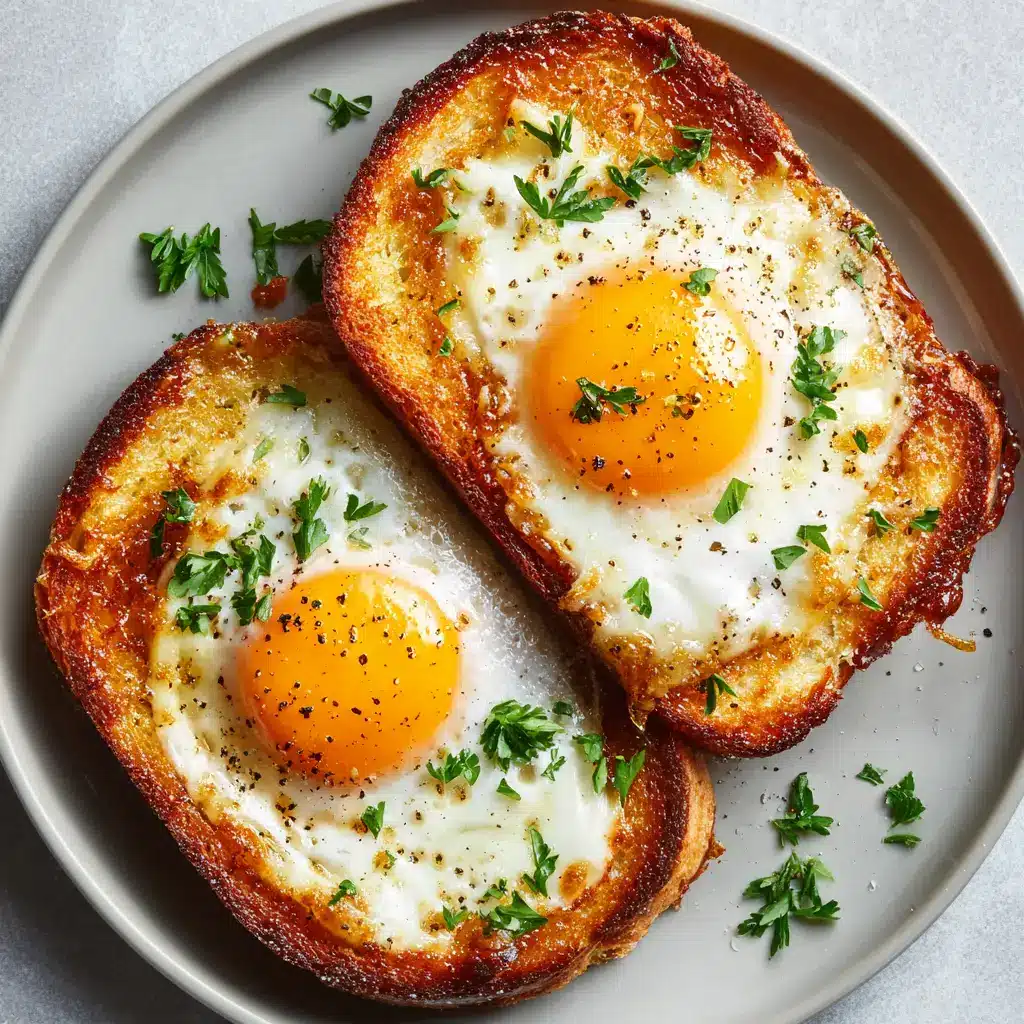 Two slices of air fryer egg toast shown side-by-side on a plate. One slice is cut open to reveal a delicious, runny egg yolk.