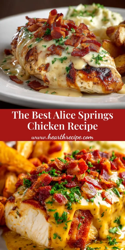 A delicious serving of the Alice Springs Chicken Recipe, topped with crispy bacon, melted cheese, and mushrooms, with a side of honey mustard.