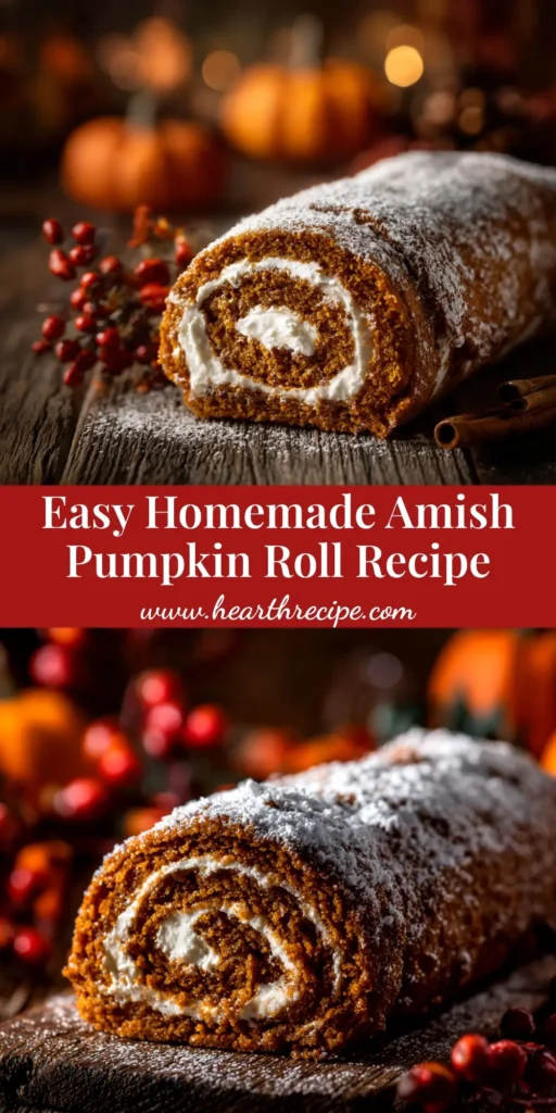 A perfect Amish pumpkin roll sliced to show the beautiful cream cheese filling swirl. The foolproof recipe for a classic fall dessert.