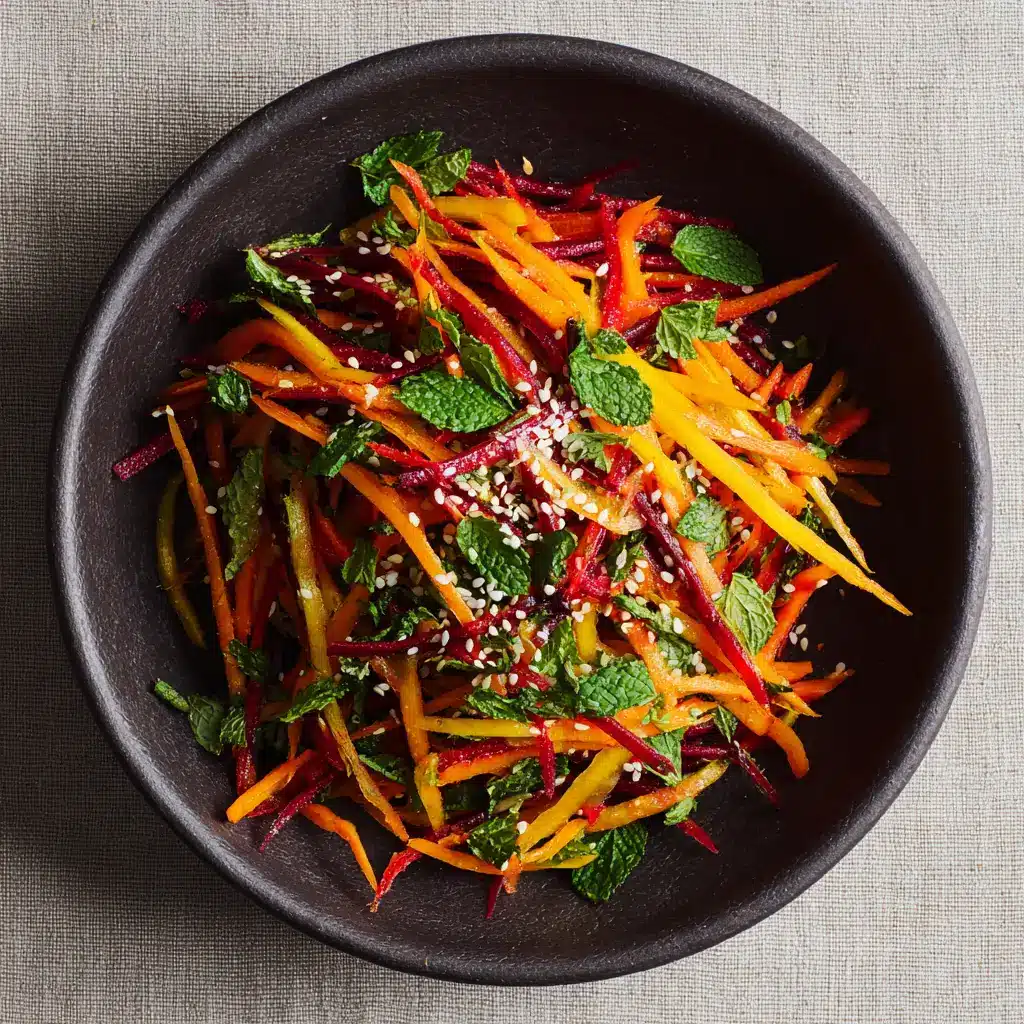 A bowl of Asian carrot salad being tossed with chopsticks. The salad is vibrant and ready to be served as a healthy side dish.