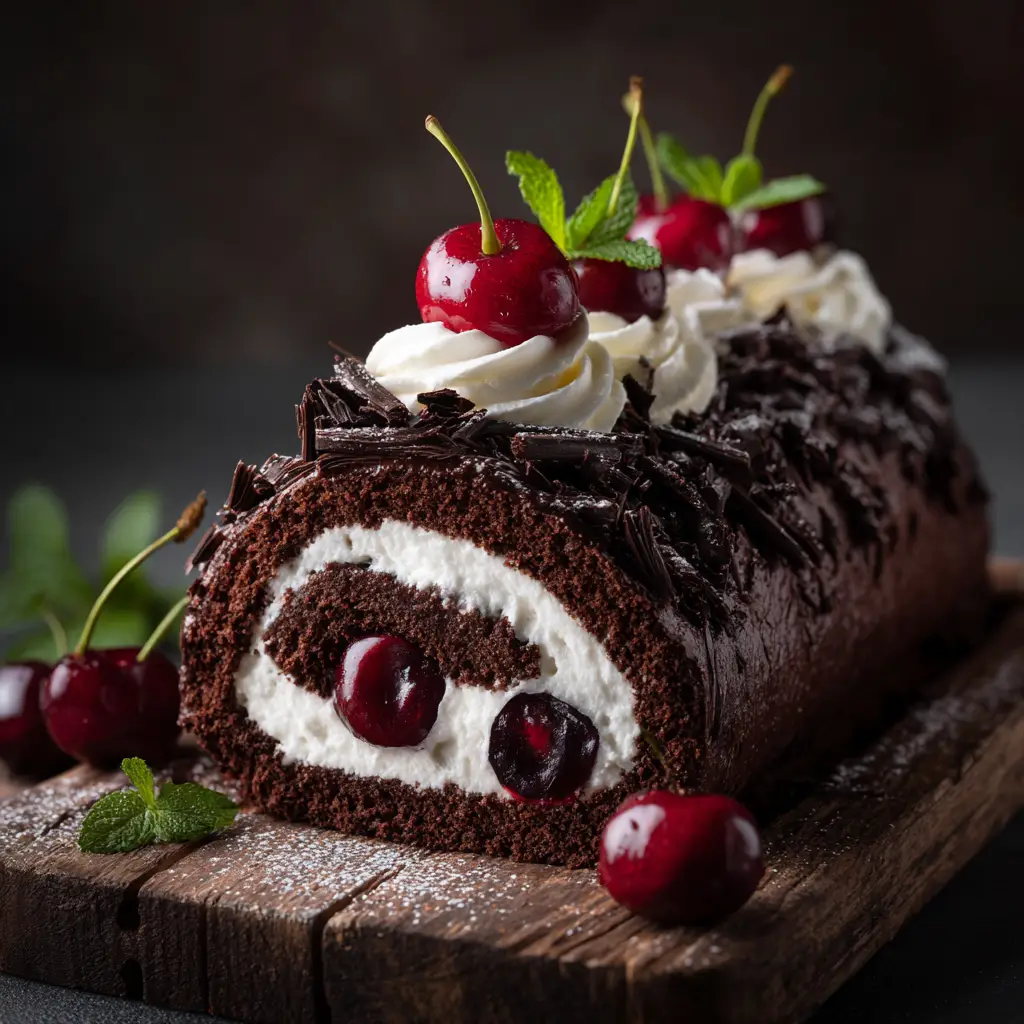 The process of spreading the stabilized whipped cream filling over the flat chocolate sponge cake before rolling it up.
