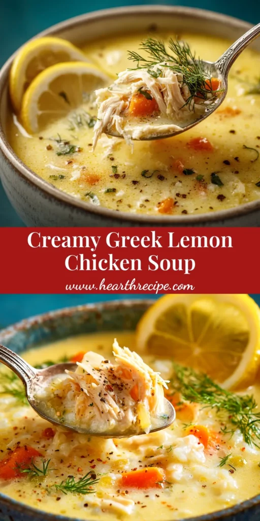 A beautiful pin image showing a bowl of creamy Avgolemono Soup, garnished with fresh dill and a lemon slice, with text overlay that reads 'Authentic Avgolemono Soup - The Best Greek Lemon Chicken Recipe'.