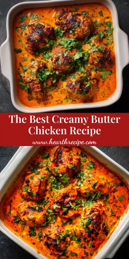 An authentic Butter Chicken Recipe served in a traditional bowl with naan bread, garnished with fresh cilantro and a swirl of cream. This image captures the rich, creamy texture of the classic Indian dish.