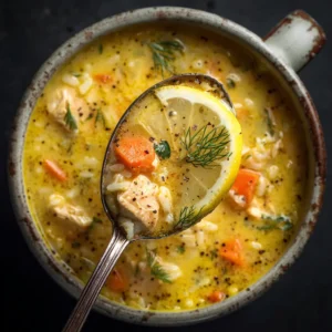 An overhead shot of authentic Greek lemon chicken soup in a rustic bowl. The soup is a pale yellow, with visible pieces of chicken, orzo, and fresh dill.
