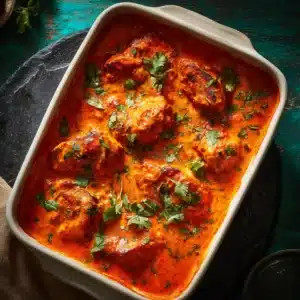 A close-up overhead shot of authentic murgh makhani simmering in a pan, showcasing the tender chicken pieces coated in a velvety tomato-cream sauce.