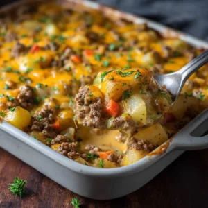 A close-up shot of the baked cheesy beef and potato casserole, showing the golden-brown melted cheddar cheese topping and bubbling sauce.