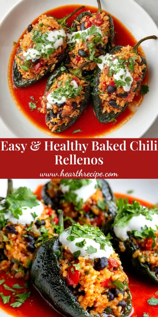 A close-up overhead shot of cheesy baked chili rellenos in a baking dish, topped with fresh cilantro. The perfect healthy and easy weeknight dinner recipe.