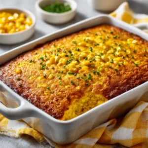 A close-up overhead shot of freshly baked corn casserole, showing its golden-brown top and creamy texture.