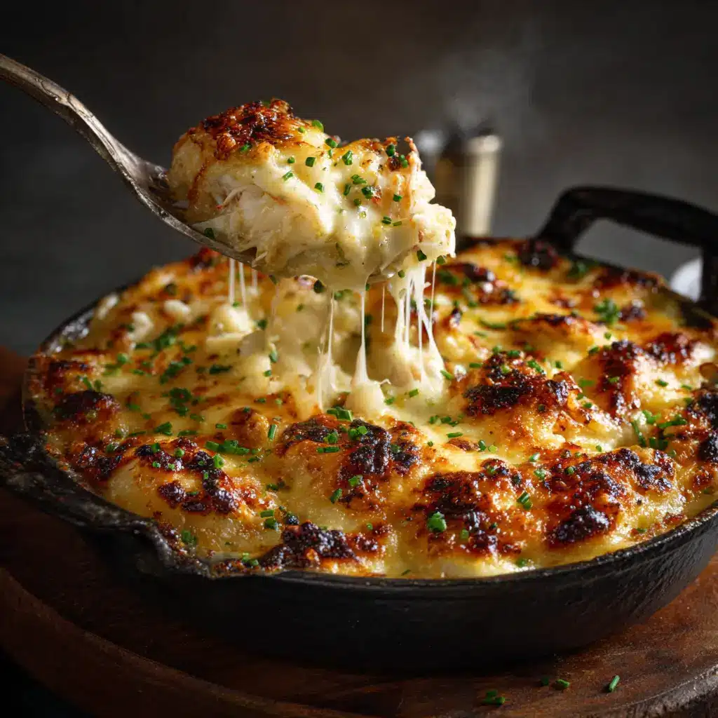 A freshly baked crab au gratin in a rustic baking dish, showing the bubbly cheese sauce and crispy golden panko topping. The dish is ready to be served.