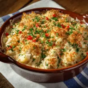 A serving of baked crab imperial in a rustic bowl, showing the creamy texture and large lumps of crab meat. A lemon wedge sits on the side.