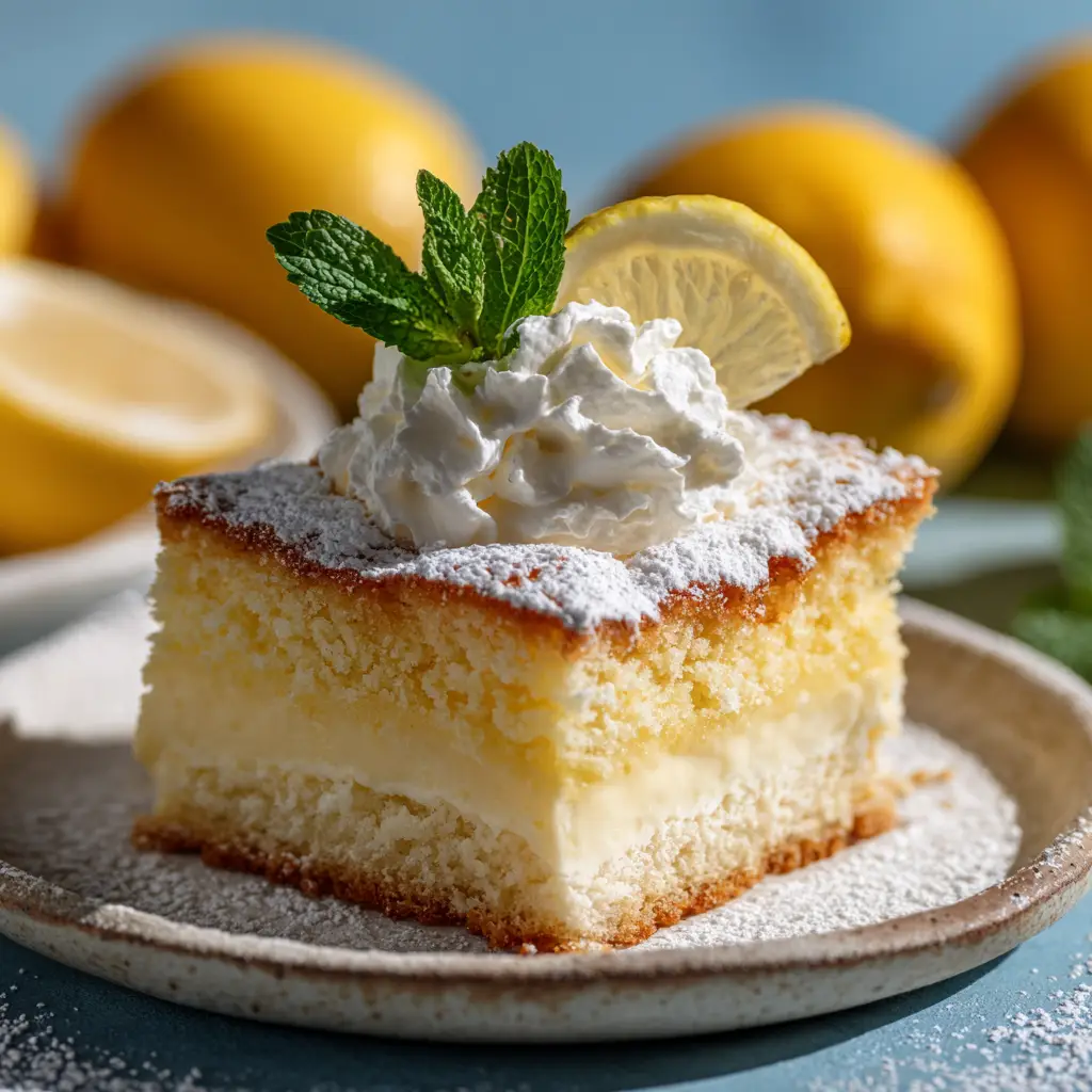 A close-up view of the golden-brown top sponge of the lemon custard cake, ready to be served.