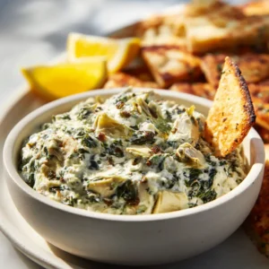 A rustic bowl of hot baked spinach artichoke dip, fresh from the oven with a golden-brown cheesy top.