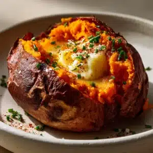 A close-up shot of a baked sweet potato cut in half, revealing the bright orange, fluffy flesh inside. The skin is visibly crispy and seasoned.
