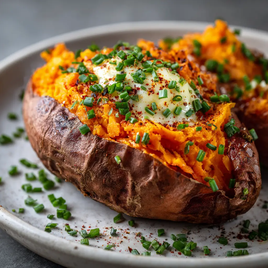 Baked Sweet Potato: The Ultimate Guide to Perfect Results 1 A close-up of a fluffy baked sweet potato topped with melted butter, sour cream, and fresh chives, showcasing a savory topping idea.