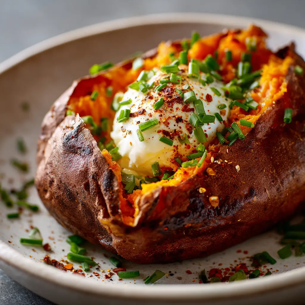 A collection of baked sweet potatoes on a rustic baking sheet, topped with various ingredients like butter, chives, and sour cream.