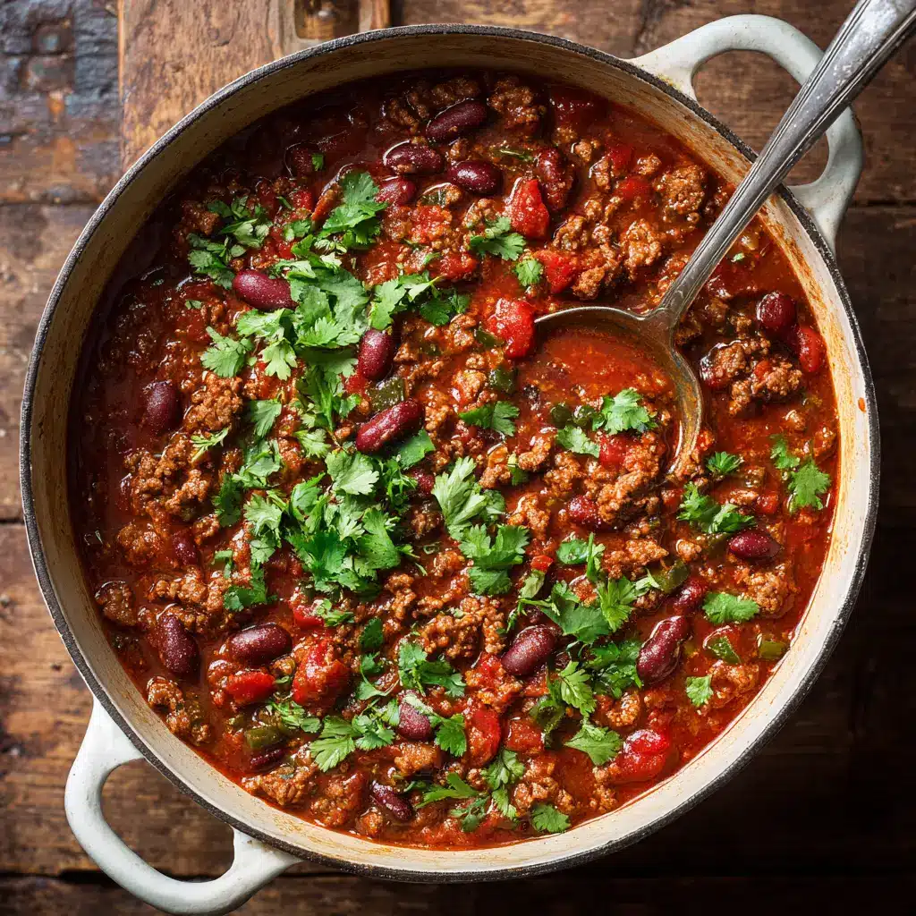 Beef Chili Recipe (The BEST Classic Chili) 1 A beautiful bowl of the finished beef chili con carne, garnished with a dollop of sour cream, and a side of cornbread, ready to be served.